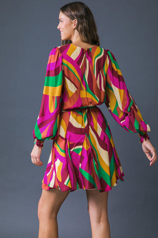 Keep On Moving Printed Woven Mini Dress With Elasticized Waist Self Sash Tie