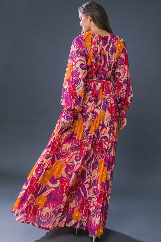 Changing Locations Printed Woven Maxi Dress Round Neckline Smocked Cuff Sleeves