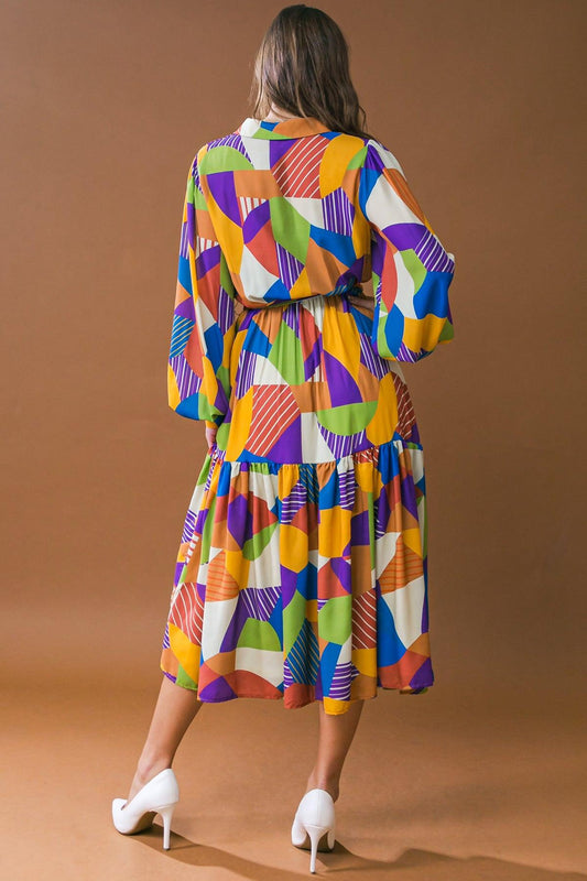 Remarkable Flair Printed Woven Midi Dress With Shirt Collar And Self Tie