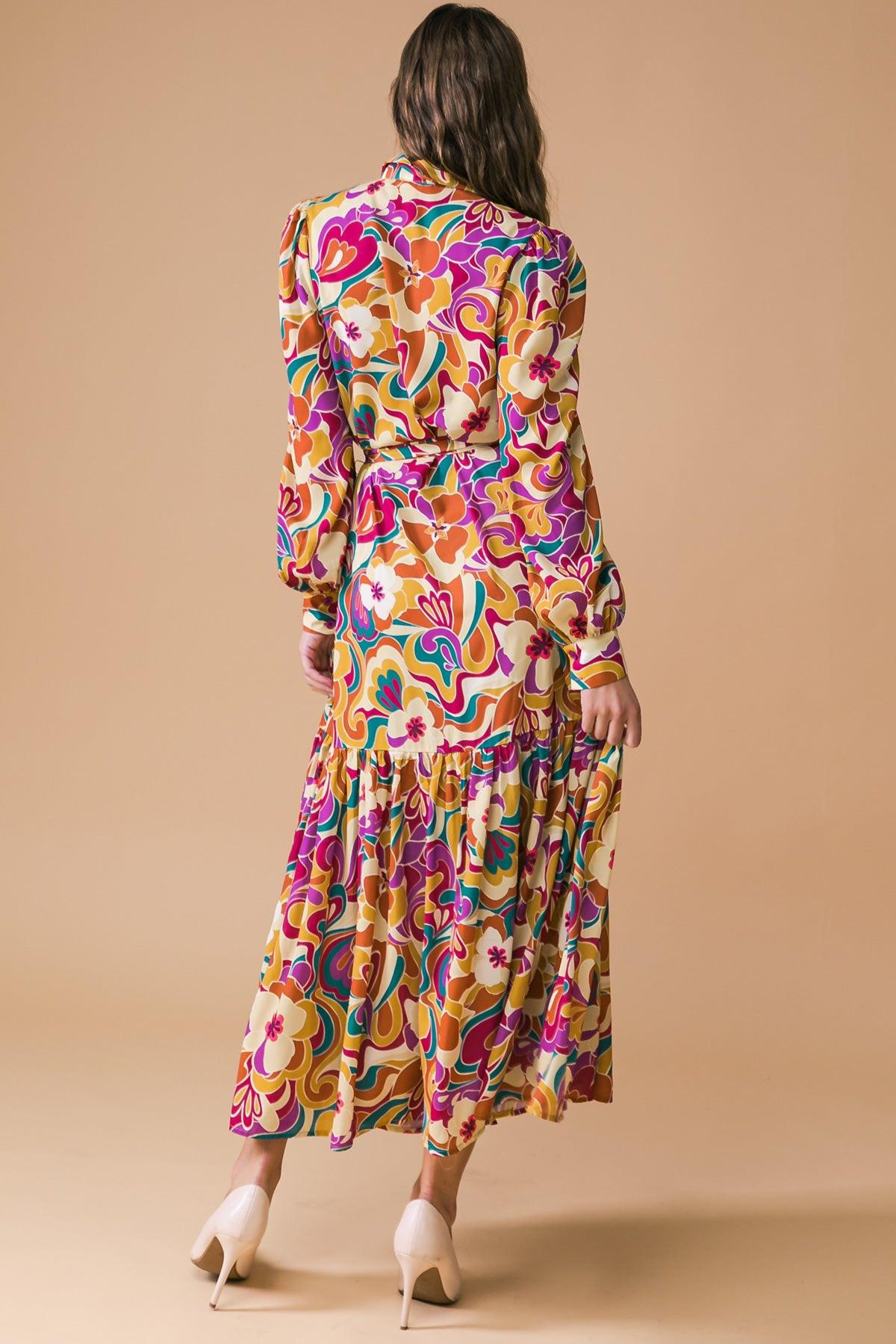 Printed Woven Midi Dress With Shirt Collar And Long Sleeves