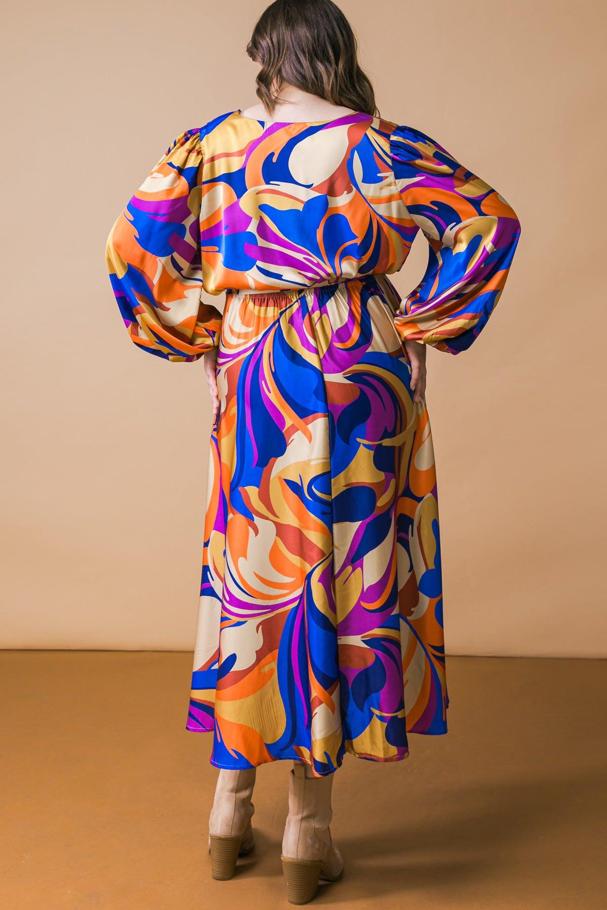 Bold Adventures Woven Satin Midi Dress With Surplice Neckline And Puff Sleeves
