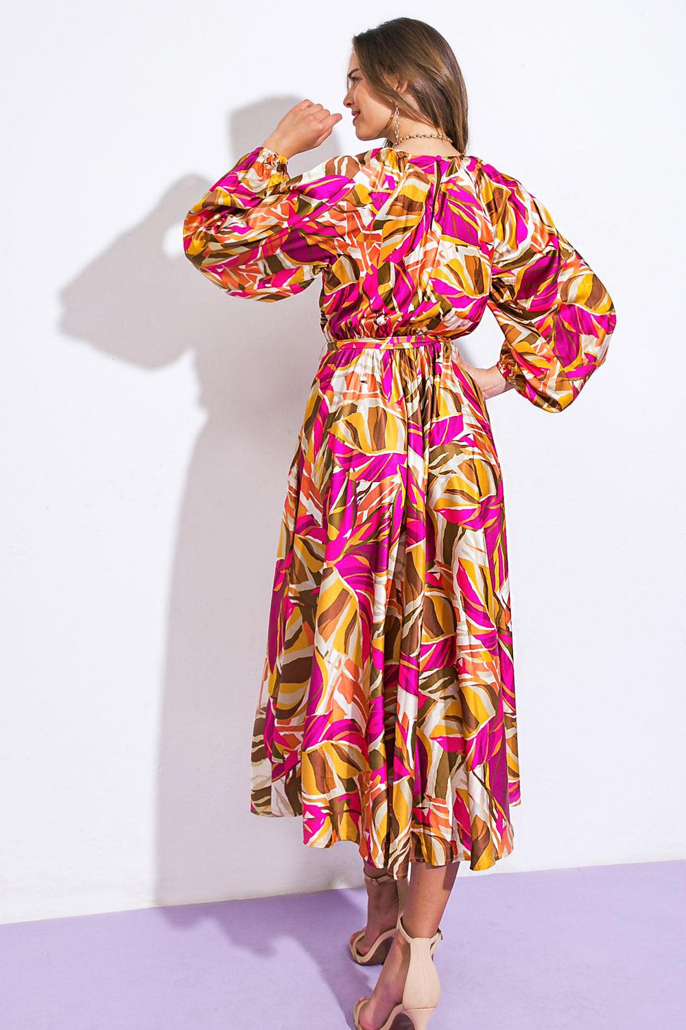 Printed Woven Midi Dress With Round Neckline And Elasticized Waist With Self Tie
