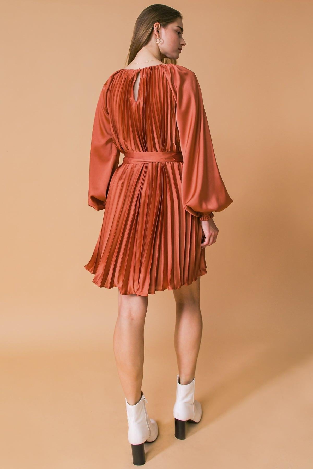All Fall Long Woven Mini Dress With Round Neckline And Sash Tie