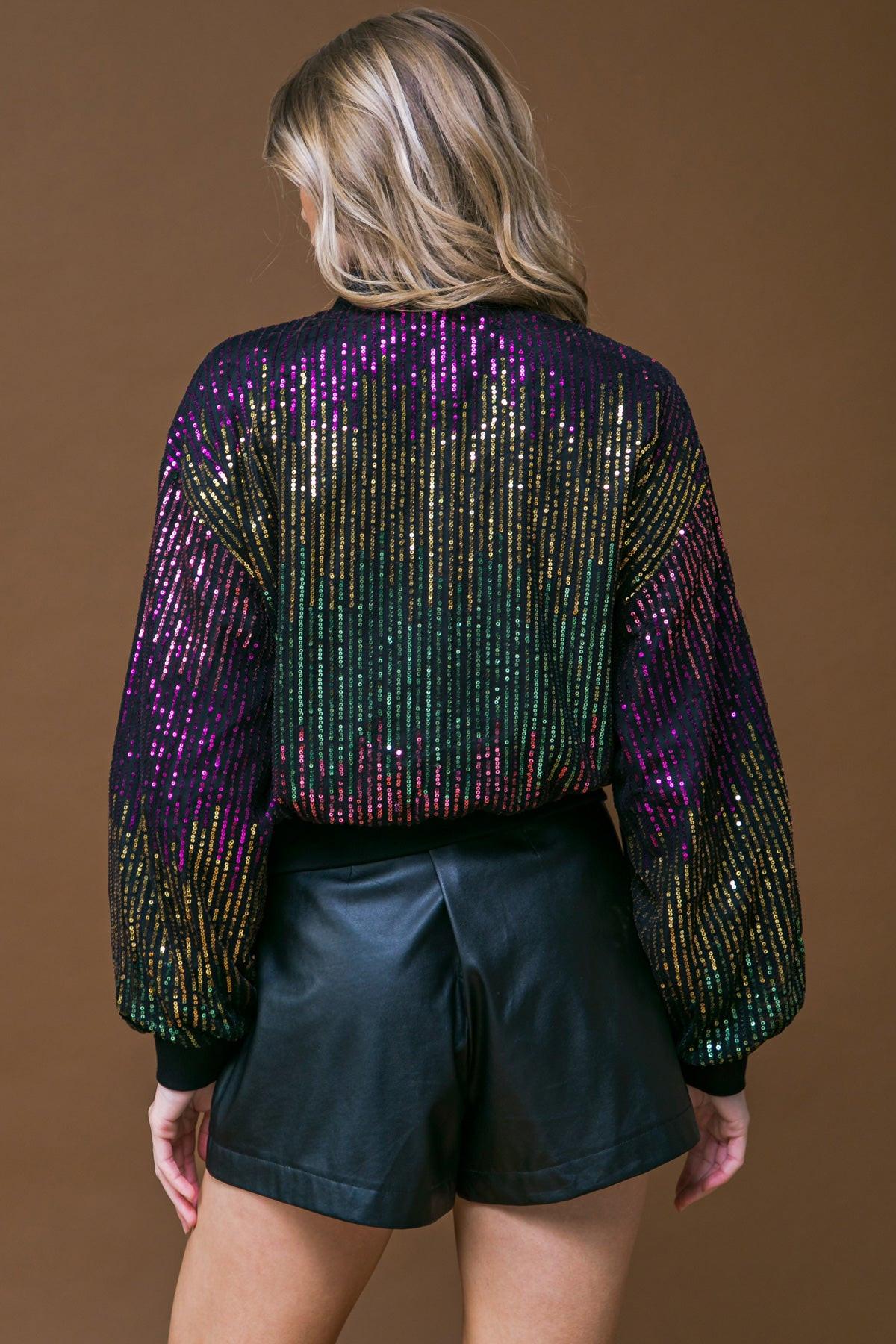 Entertain Me Sequins Bomber Jacket With Ribbed Collar And Zipper