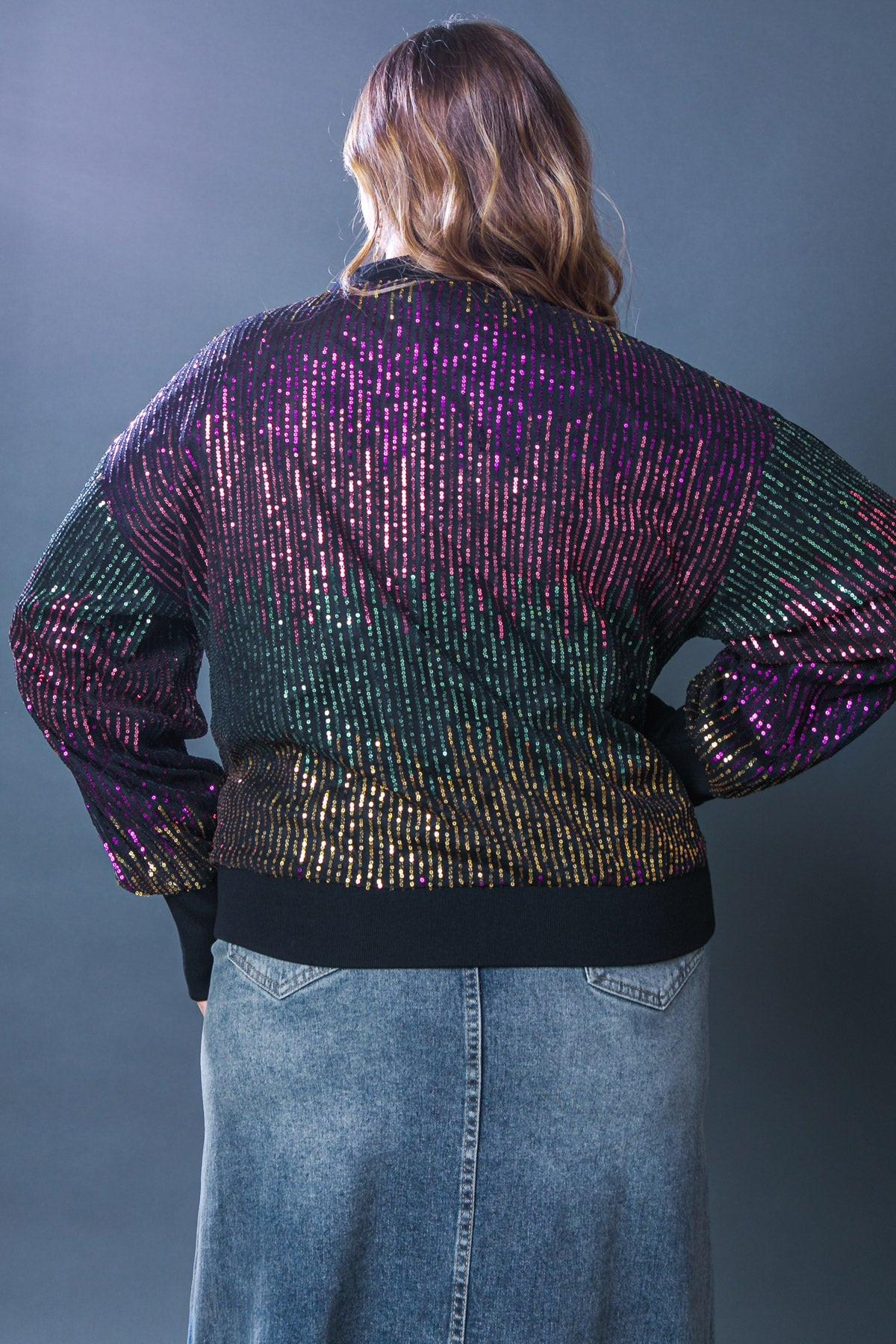 Entertain Me Sequins Bomber Jacket With Ribbed Collar And Zipper