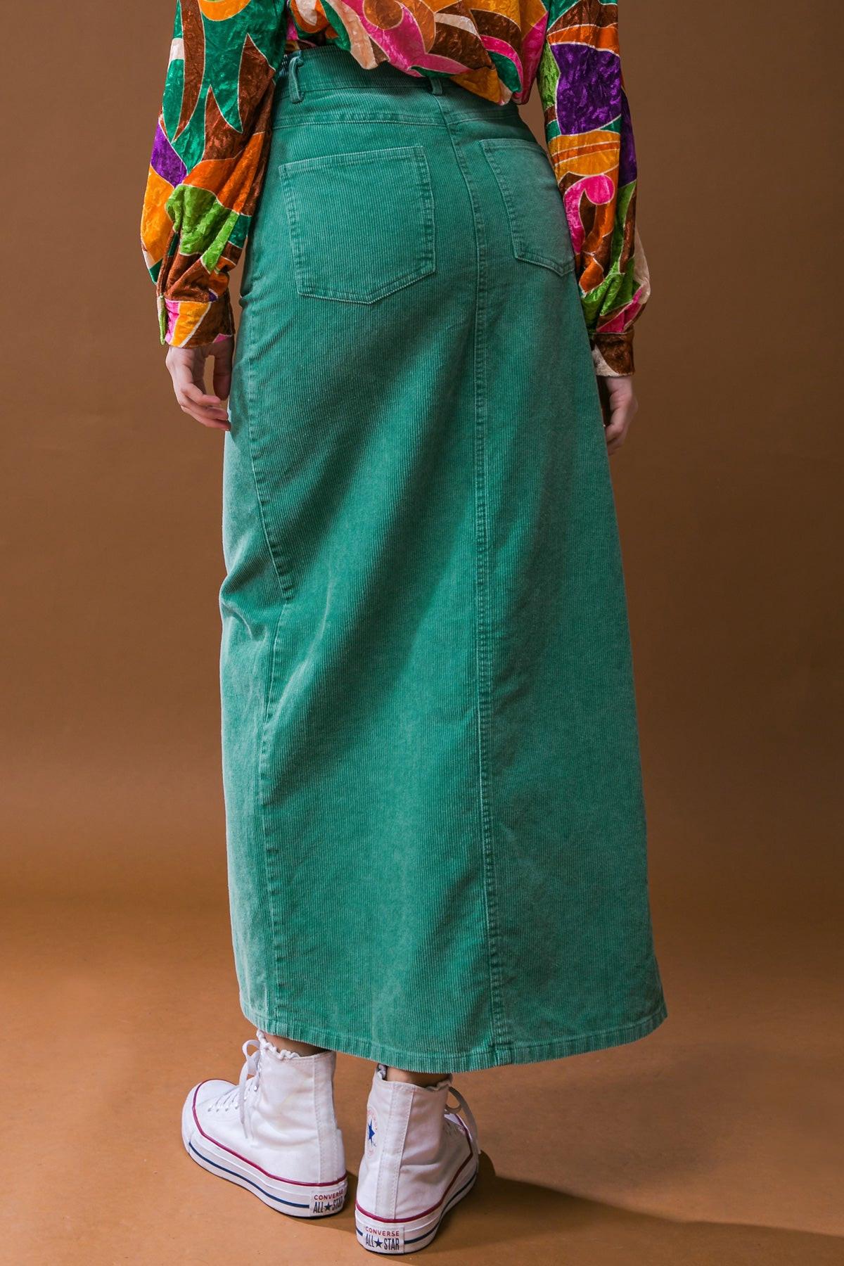 Corduroy Midi Skirt With Front Slit Front Closure And Pockets Classic Wash