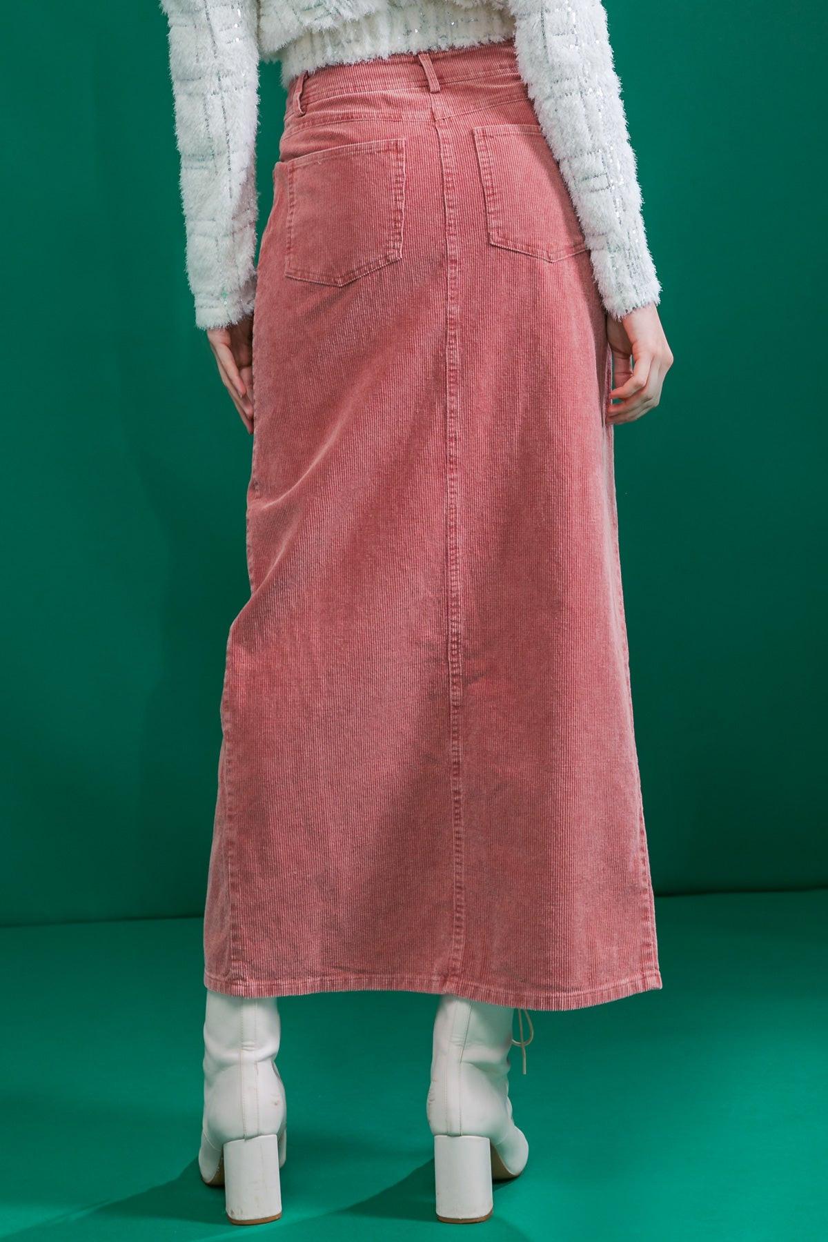 Corduroy Midi Skirt With Front Slit Front Closure And Pockets Classic Wash