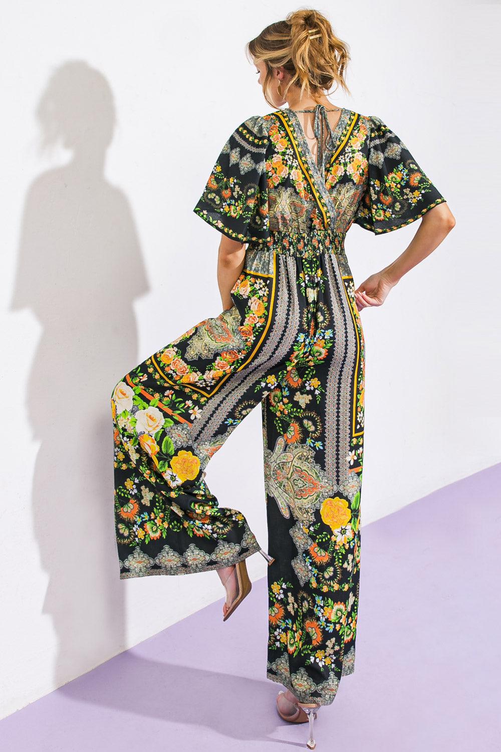 Coastal Breeze Woven Jumpsuit With Surplice Neckline And Tie Back Wide Legs