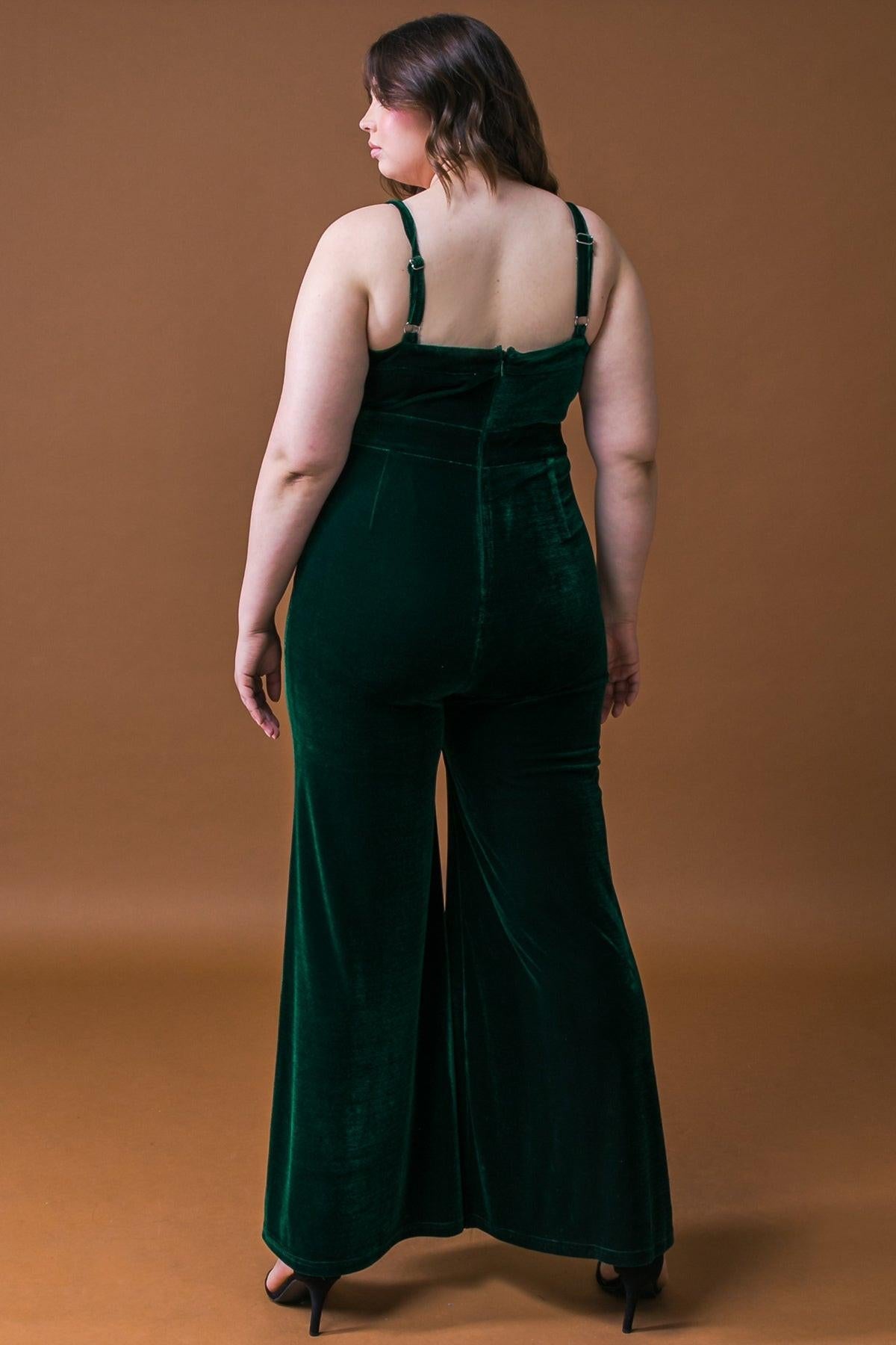 Blow A Kiss Velvet Jumpsuit With Front V Detail And Wide Leg