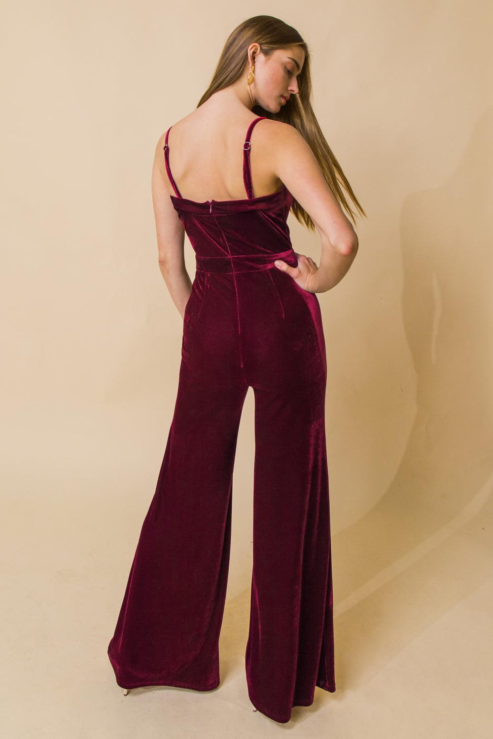 Blow A Kiss Velvet Jumpsuit With Front V Detail And Wide Leg