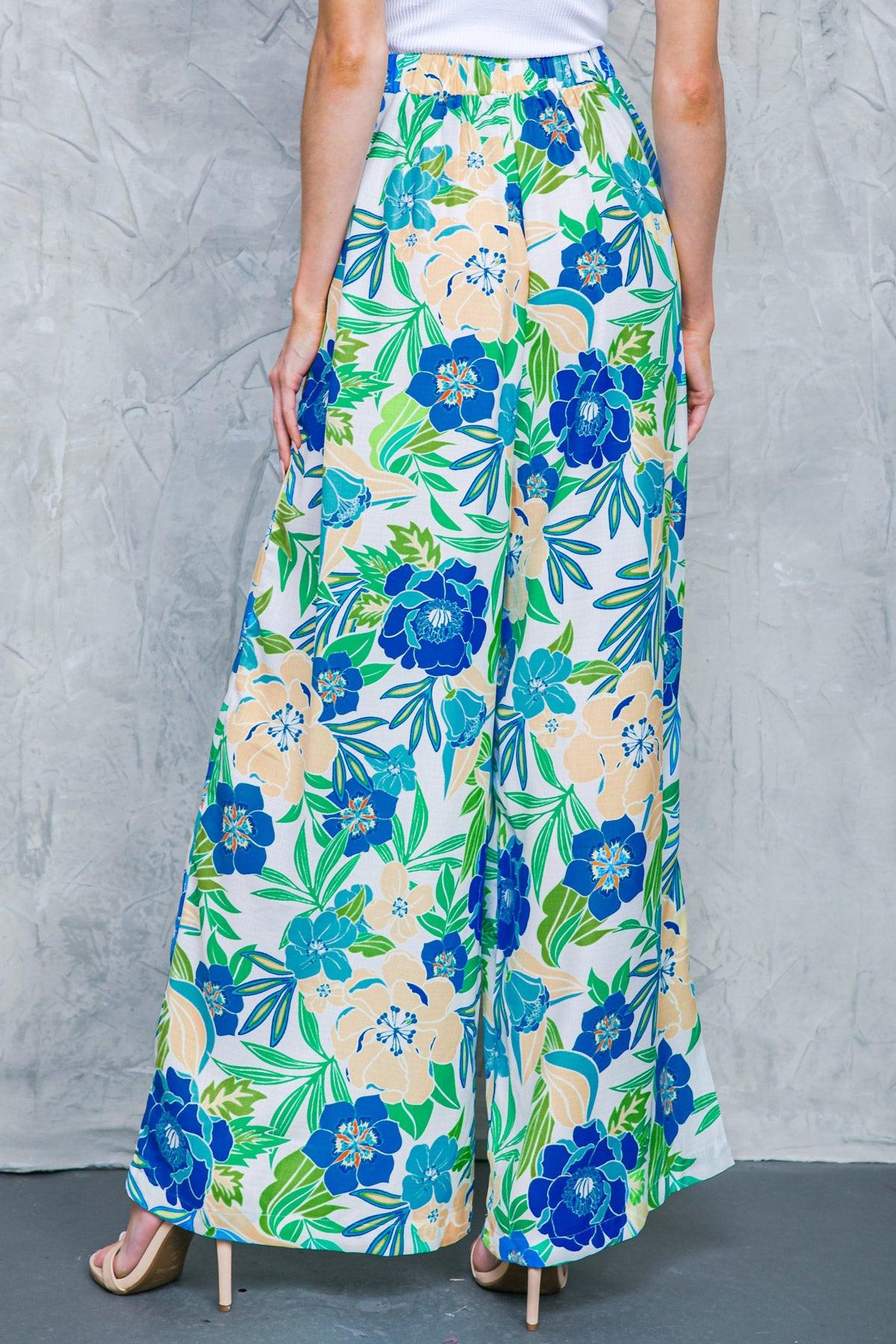 Floral In The World Woven Pants With Front Pleats And Side Pockets