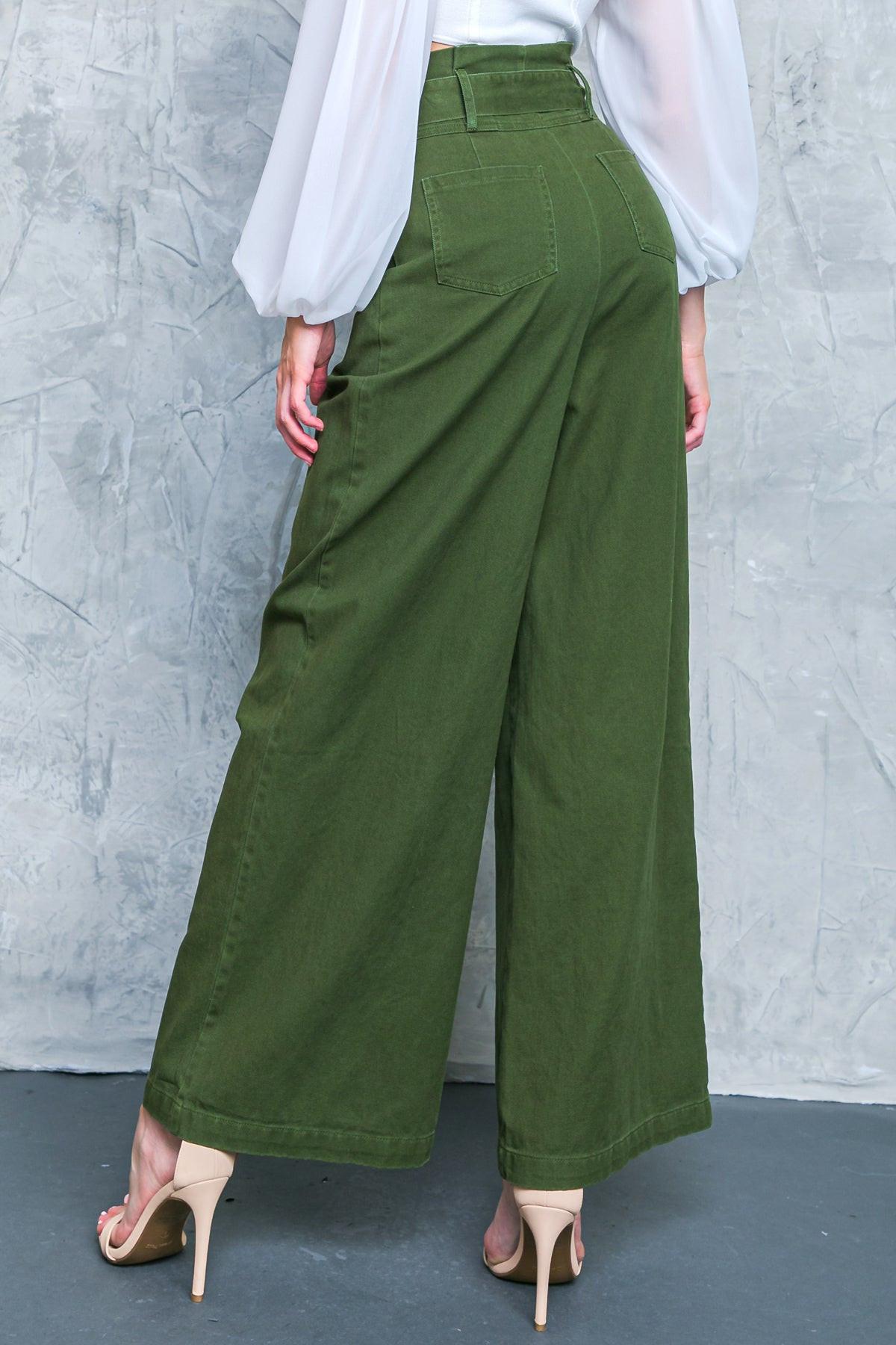 Big Moment Twill Pants High Waisted Paperbag Waist With Self Belt Wide Leg