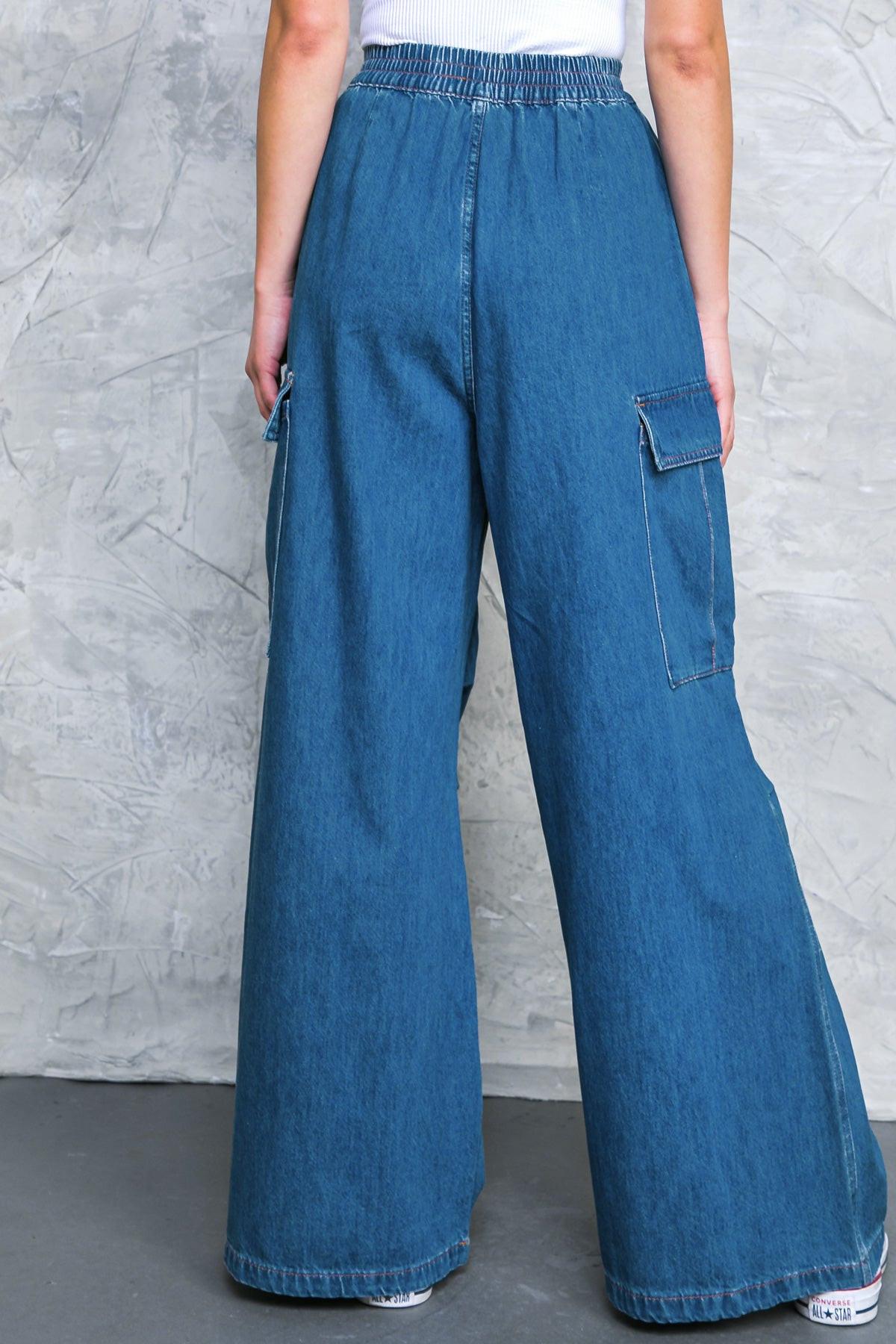 All The Buzz Washed Denim Pants With Cargo Pockets Wide Leg And Elastic Waist
