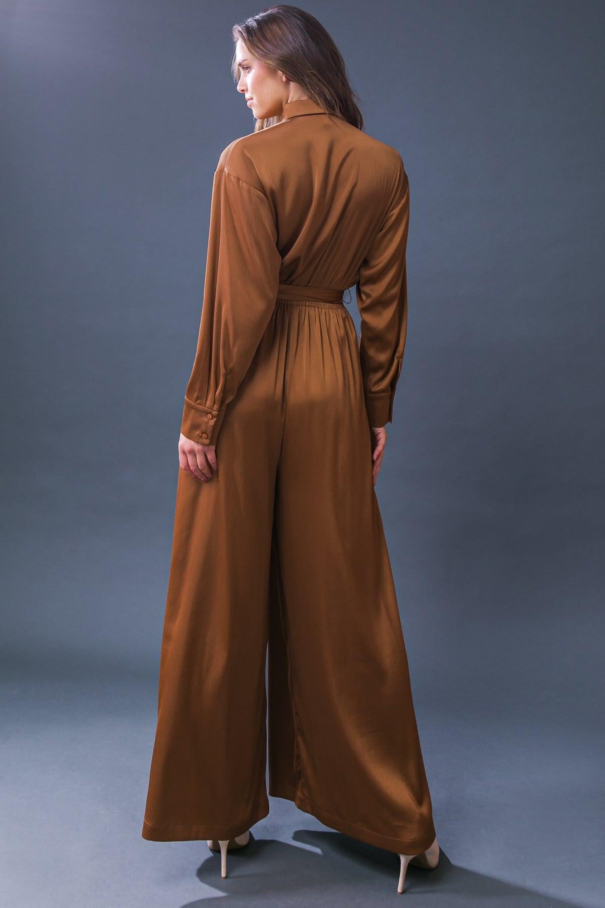 Simply Trendy Solid Woven Jumpsuit With Shirt Collar And Self Tie