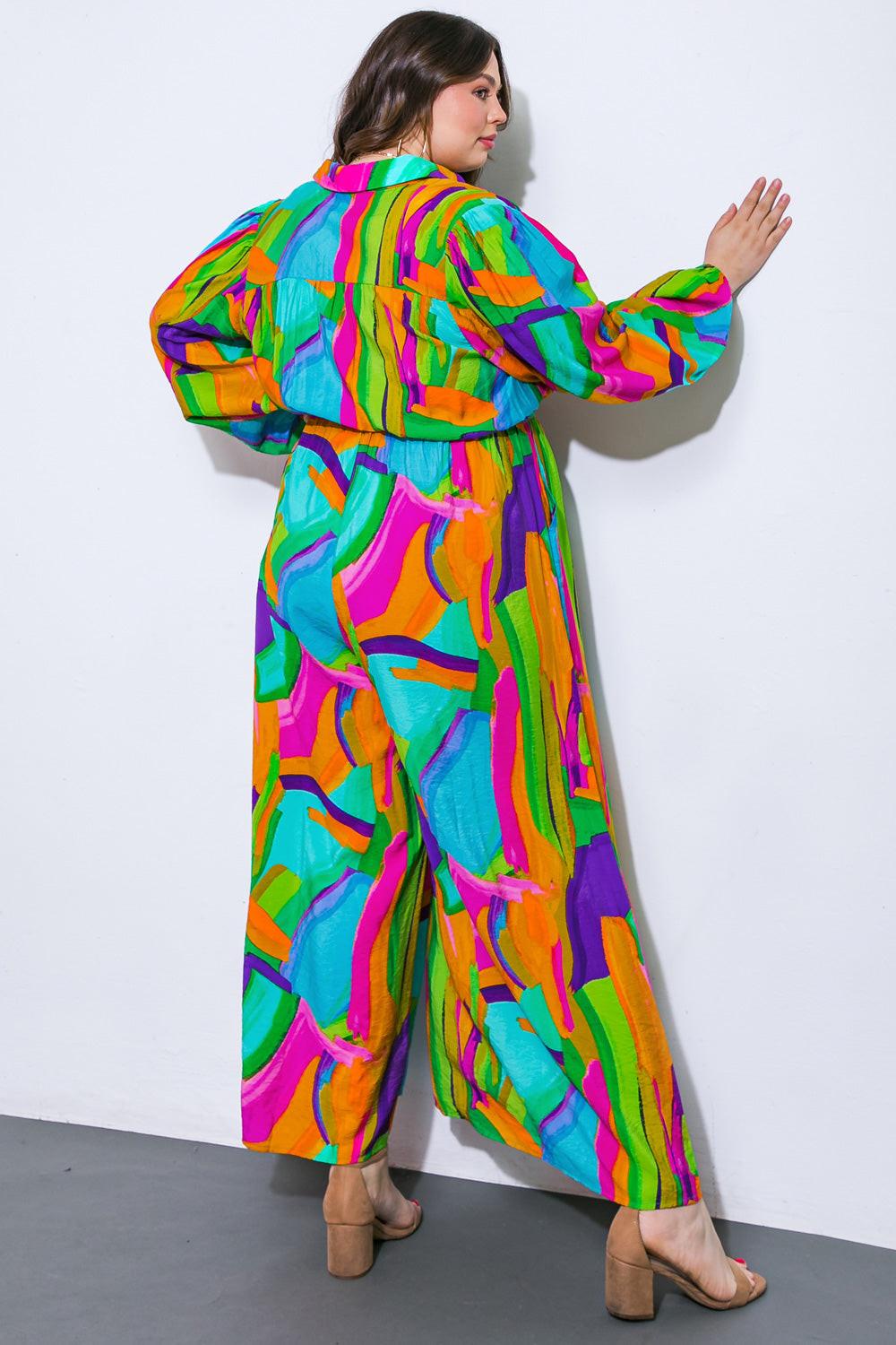 All My Heart Woven Jumpsuit With Shirt Collar Blouson Sleeves And Wide Leg