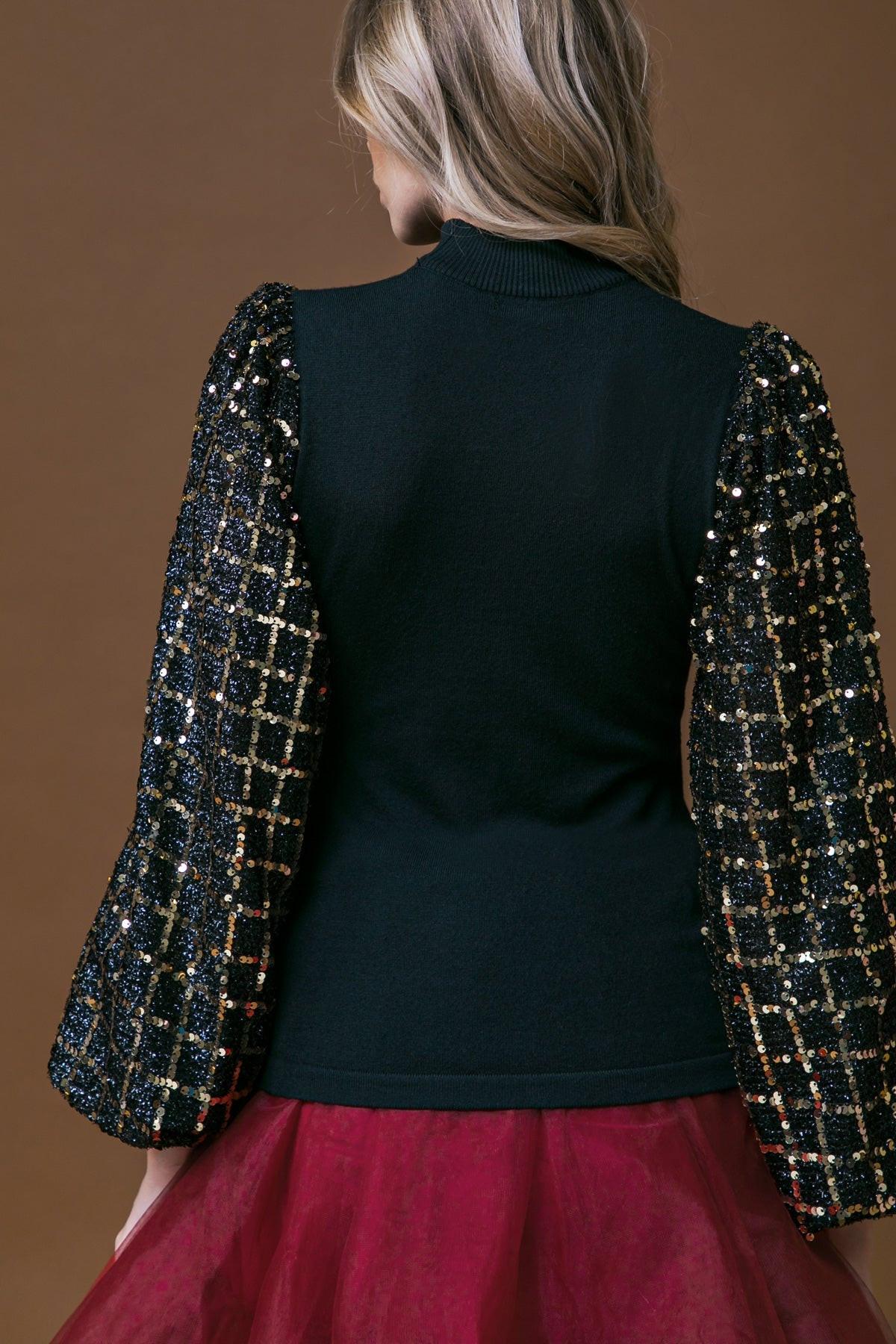 Party Tomorrow Night Mock Neck Knit Top With Sequin Sleeves