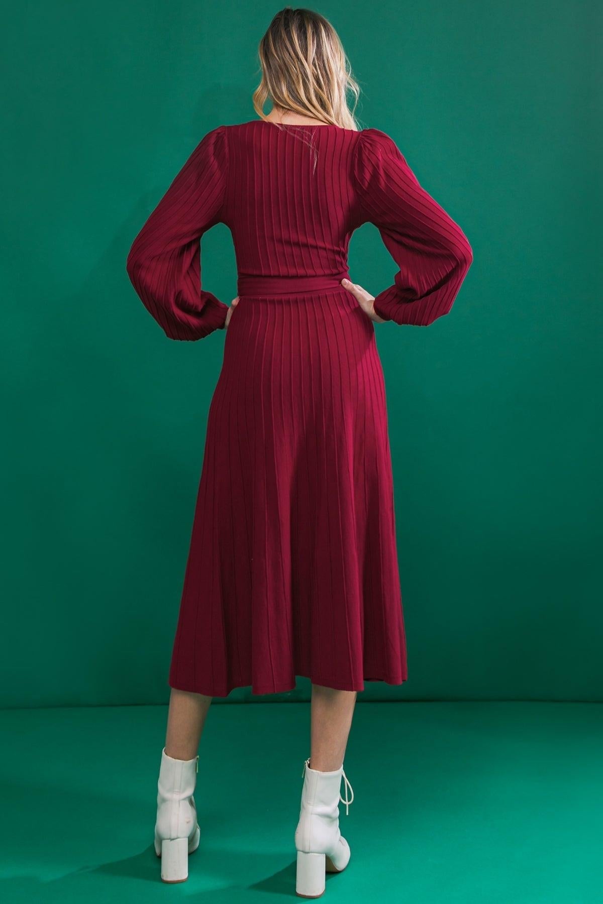 Keep Looking Up Sweater Midi Dress With U Neck And Self Sash Tie