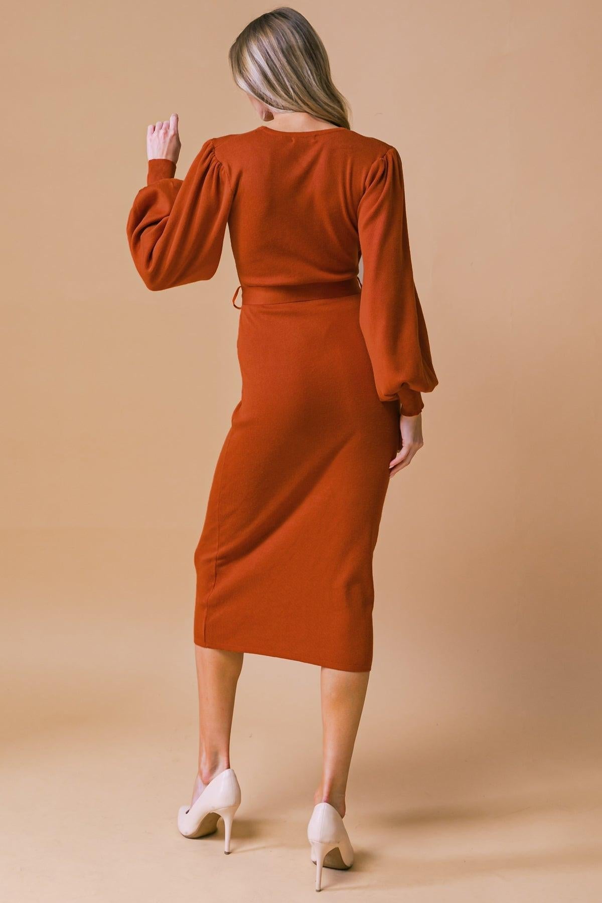 Adorable Ideal Sweater Midi Dress With Surplice Neckline Blouson Sleeves