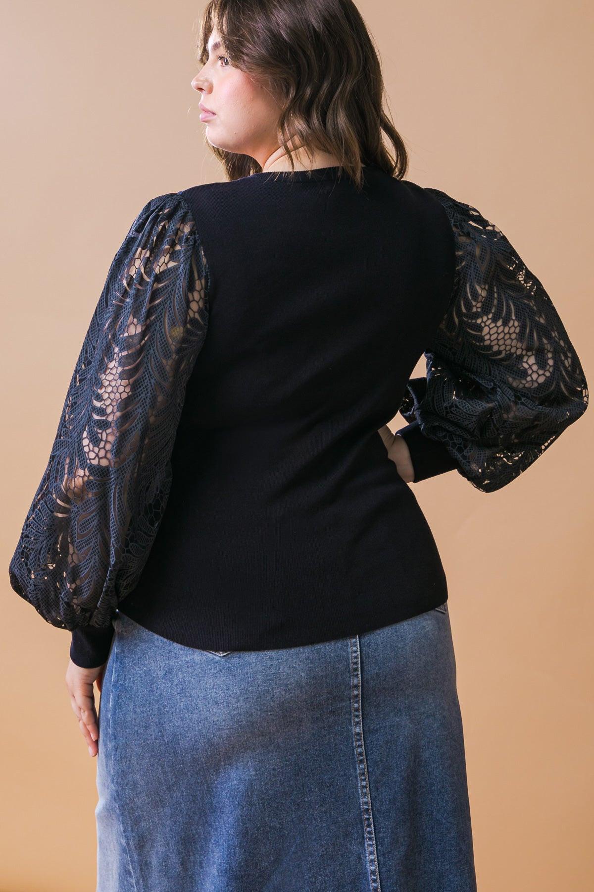 Leisure Life Knit Sweater Top With Round Neckline And Contrasting Puff Sleeves