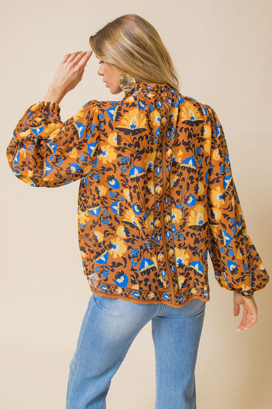 Overthinking It Woven Top With High Neckline And Ruffled Peasant Sleeves