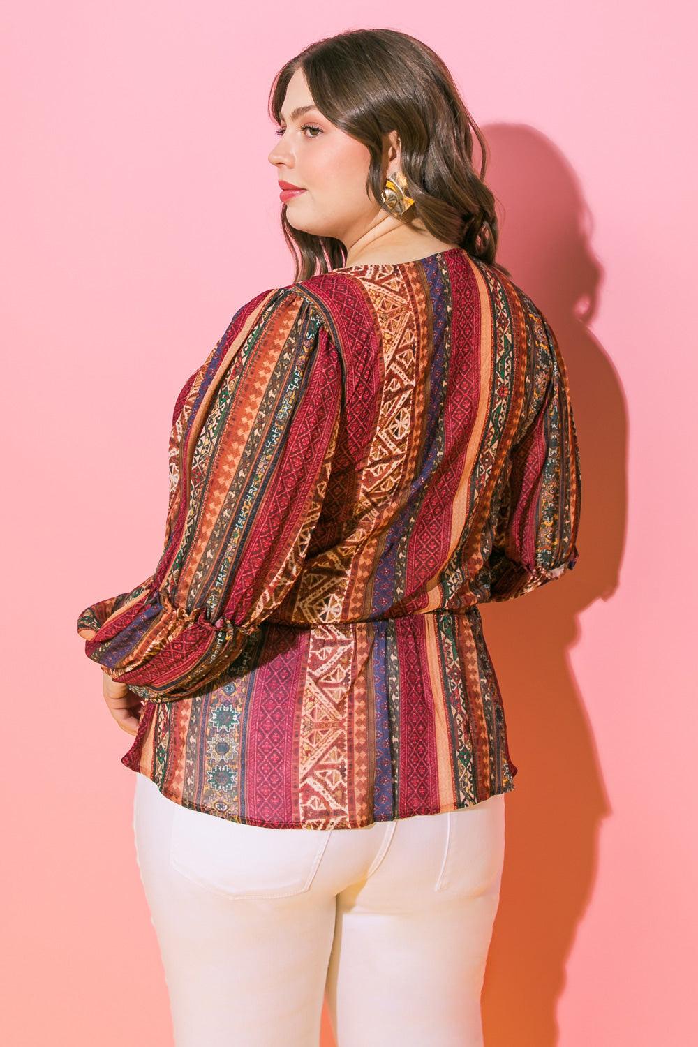 Thrilled For This Woven Top With Printed Peplum And Tassel Tie Polyester Fabric