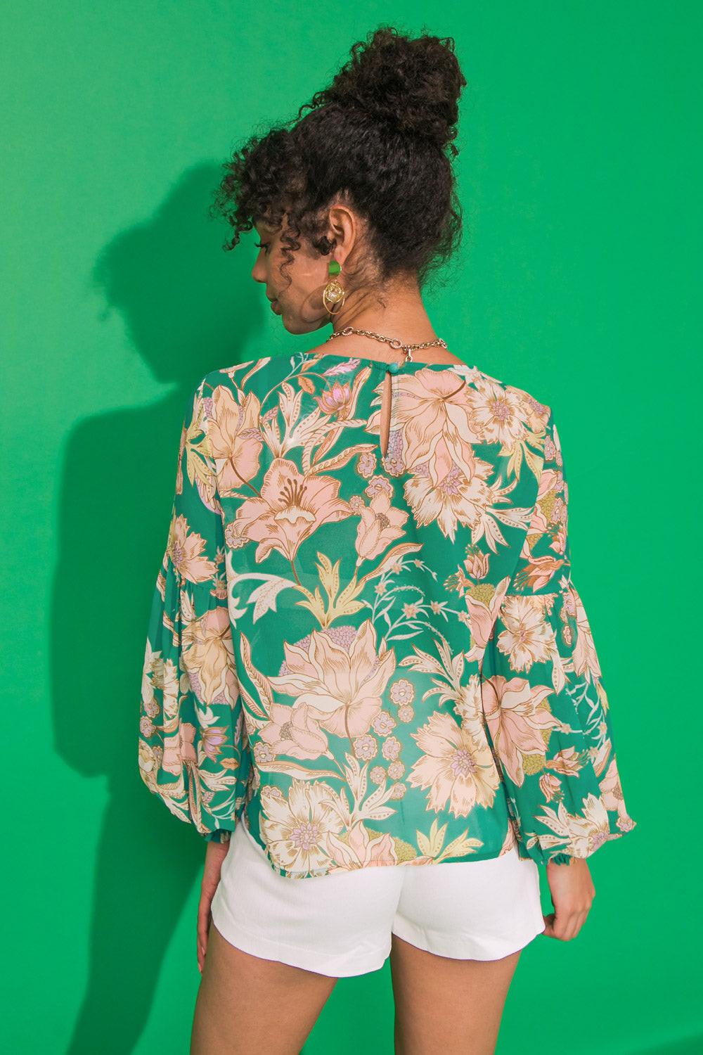 Daybreak Skyline Woven Top Round Neck Shirred Sleeves Back Keyhole Closure