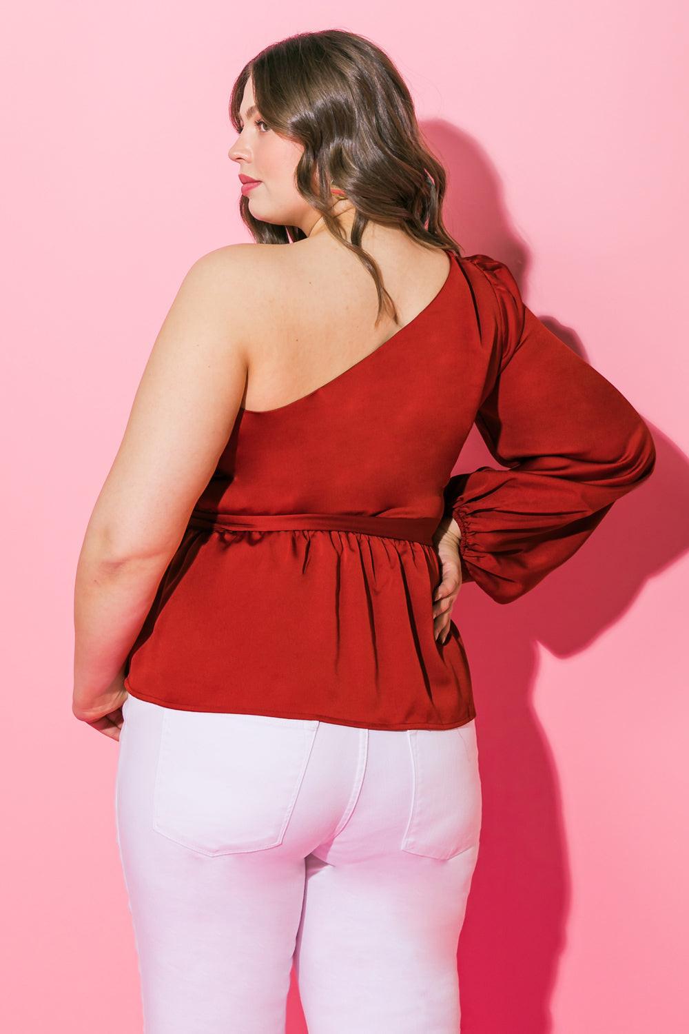 Dreaming Again One Shoulder Peplum Woven Top With Self Sash Belt For Women