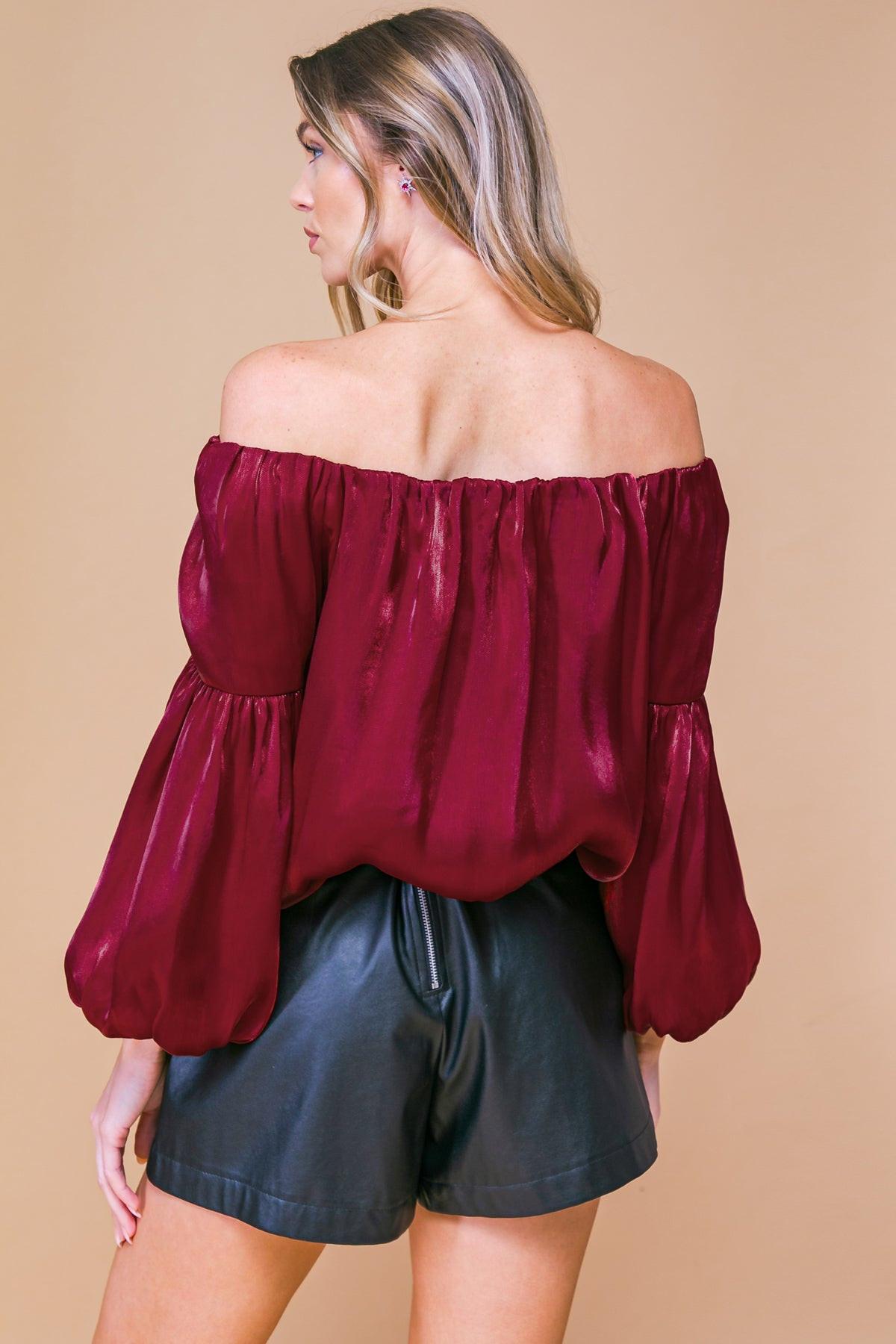 Simply Favored Woven Top Off On Neckline With Lantern Sleeves Elastic Waist