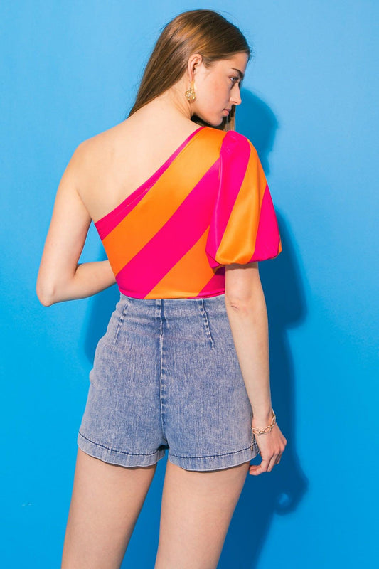 Breezy Vides Ponti Bodysuit One Shoulder Puff Sleeve Snap Closure