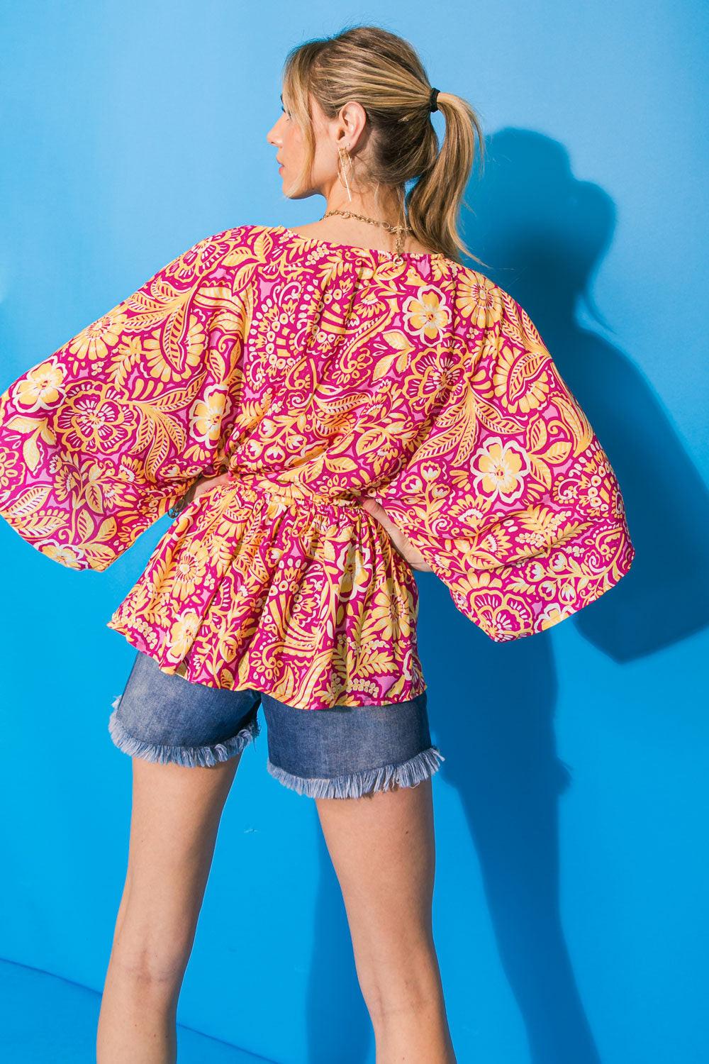 Gift Of Love Woven Top With Surplice Neckline Kimono Sleeves And Peplum