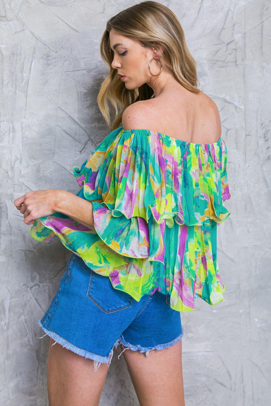 Magnolia Santa Caterina Woven Top Off Shoulder Flounce Pleated Bodice