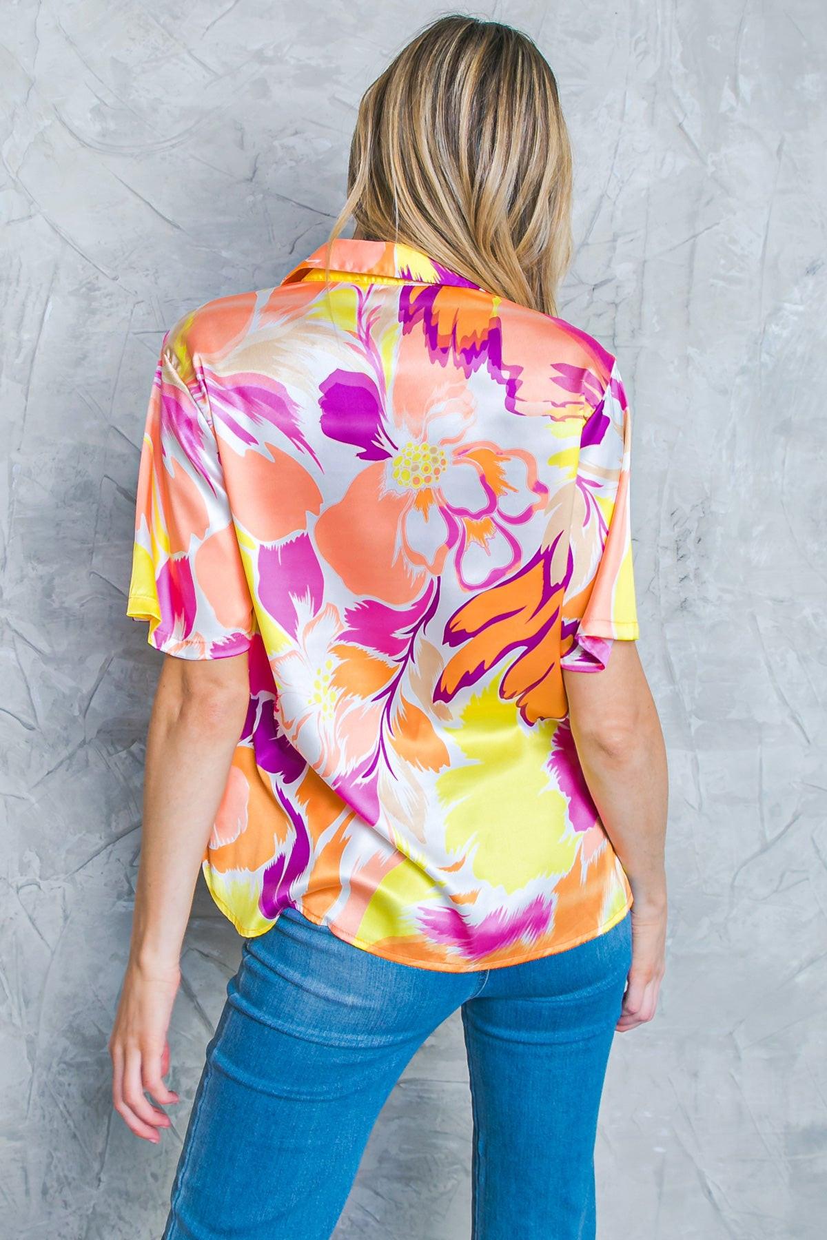 Hello Aroha Satin Printed Woven Top Short Sleeve Button Front Collar