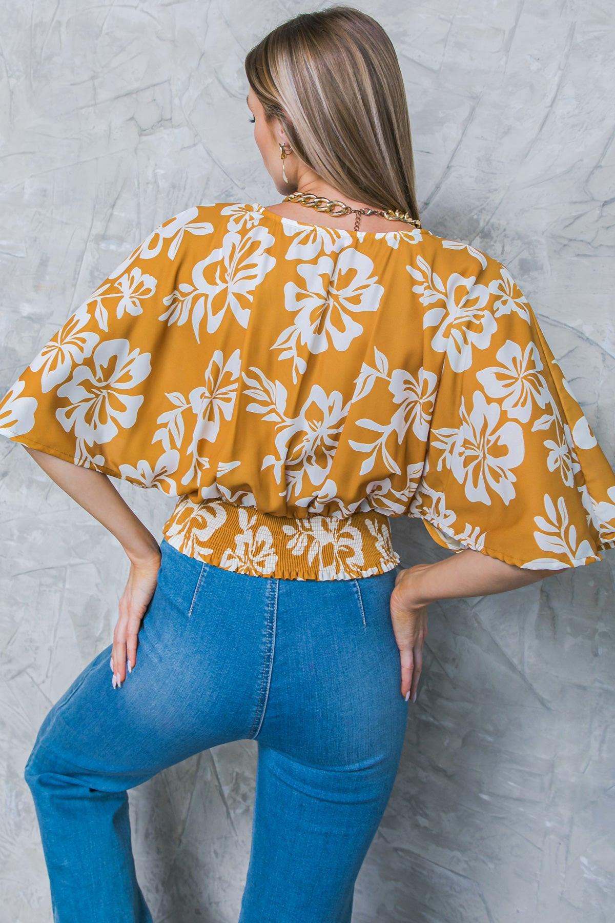 Let The Light In Brown Woven Top With Elbow Sleeves And Smocked Back Waistband