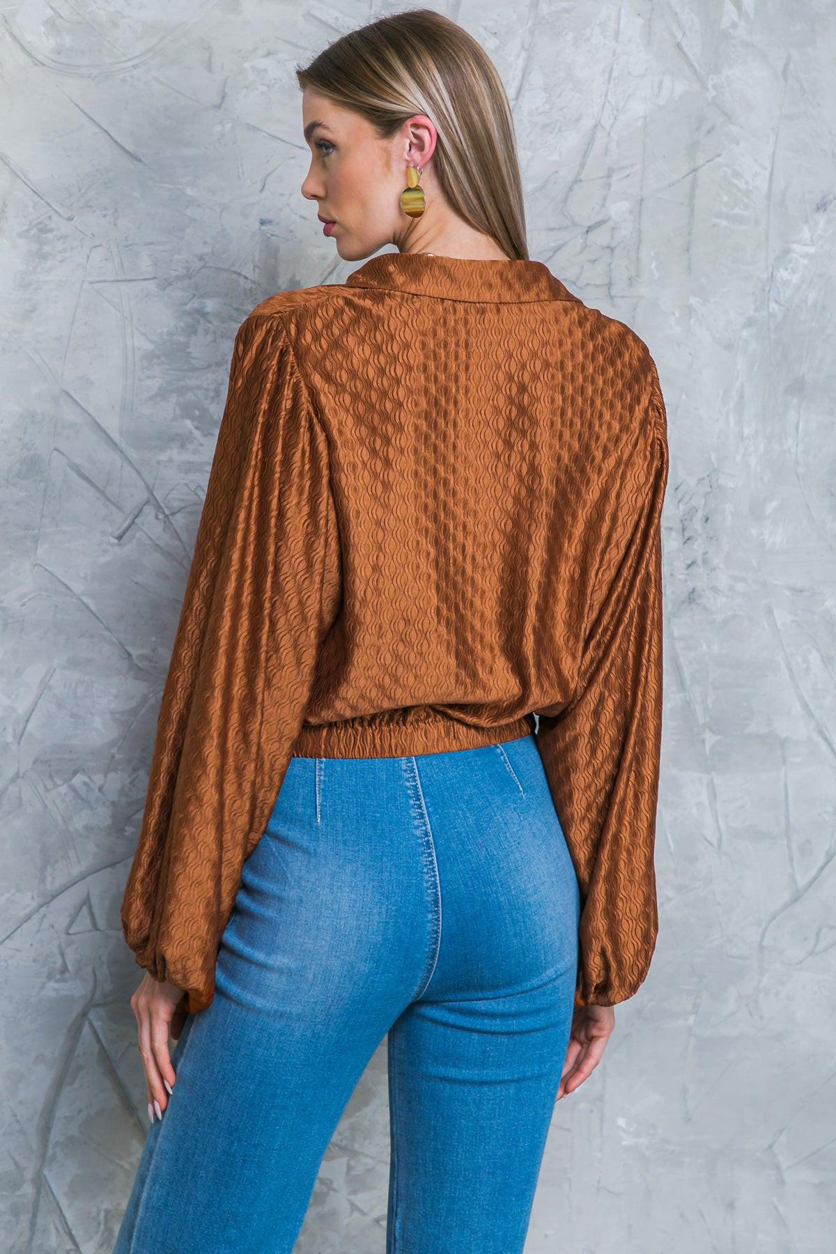 Regal Romance Woven Top with Shirt Collar Long Sleeves Elastic Waist