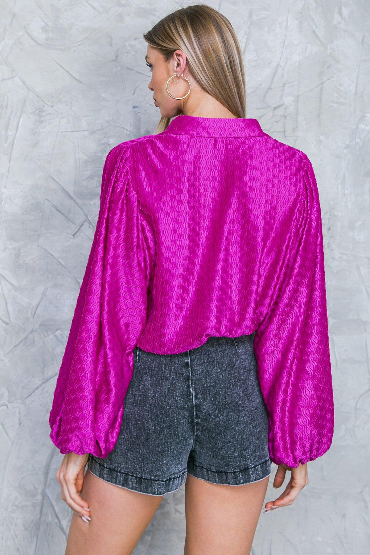 Regal Romance Woven Top with Shirt Collar Long Sleeves Elastic Waist