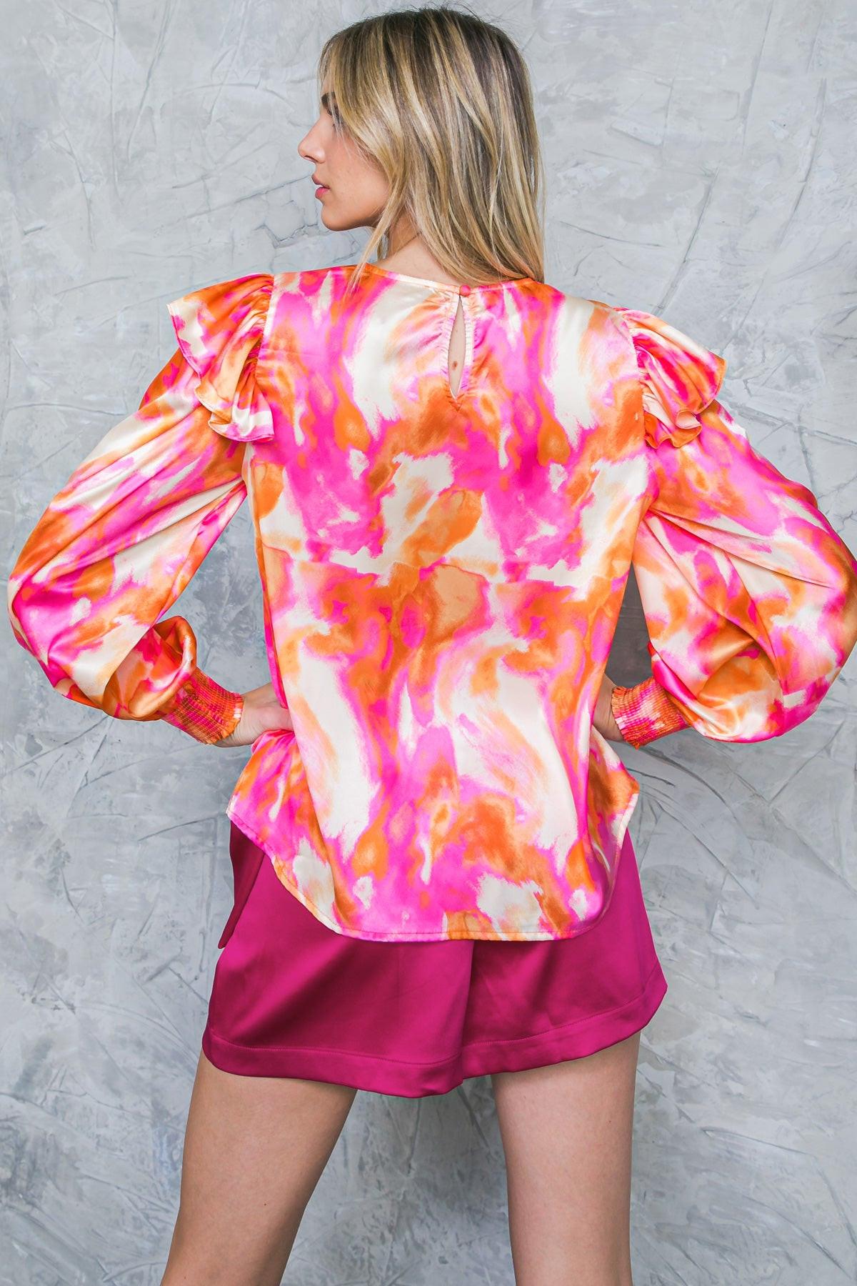 Feeling Spice Woven Top With Round Neckline And Ruffle Shoulder Detail