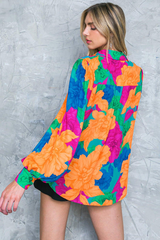 Soul On Fire Woven Top Collared Button Down With Printed Design Long Sleeves