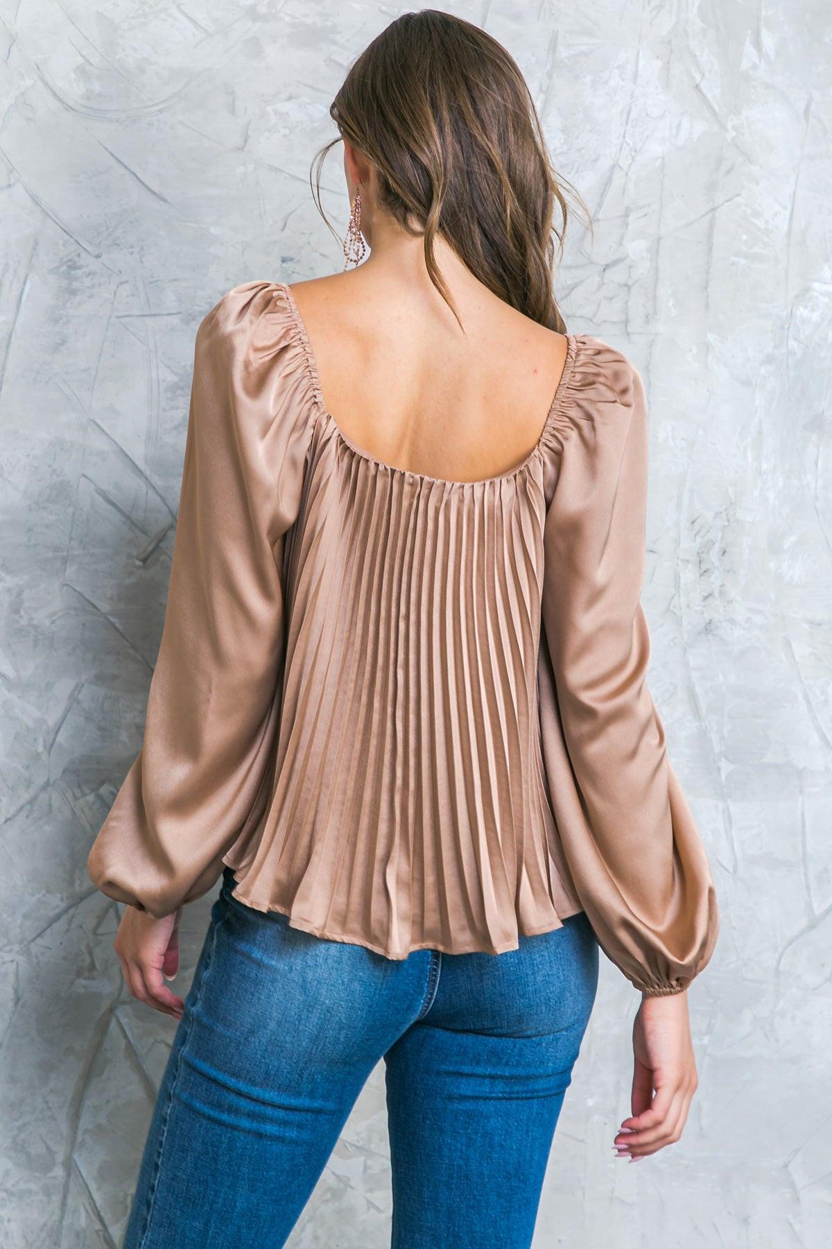 No More Drama Woven Top Long Sleeve Sweetheart Neckline Pleated Bodice Polyester