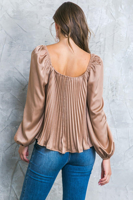 No More Drama Woven Top Long Sleeve Sweetheart Neckline Pleated Bodice Polyester
