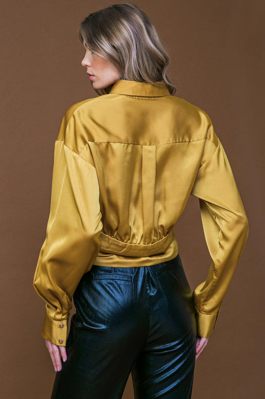 Romantic Moves Woven Top With Shirred Waistband Button Down Shirt Collar