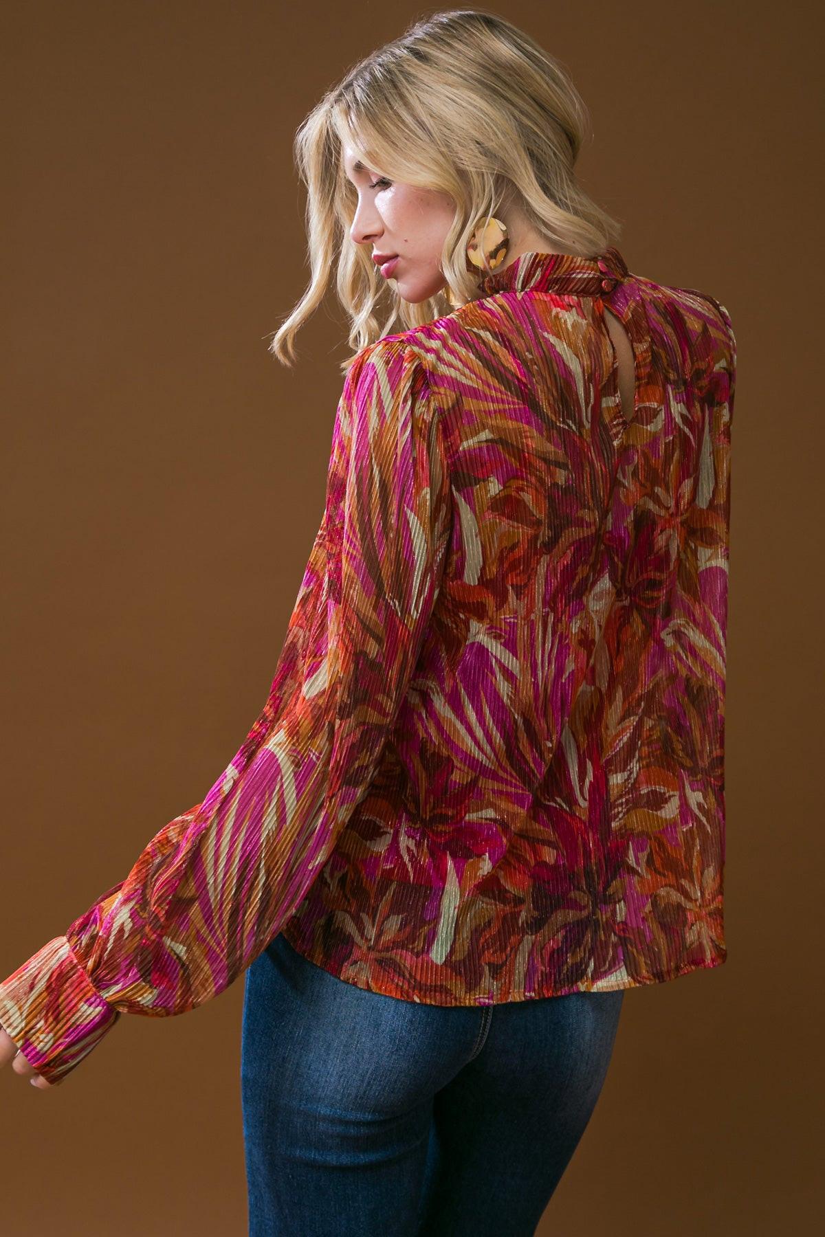 Crushing On You Woven Top High Neck Long Sleeve Cuffs Lightweight Breathable