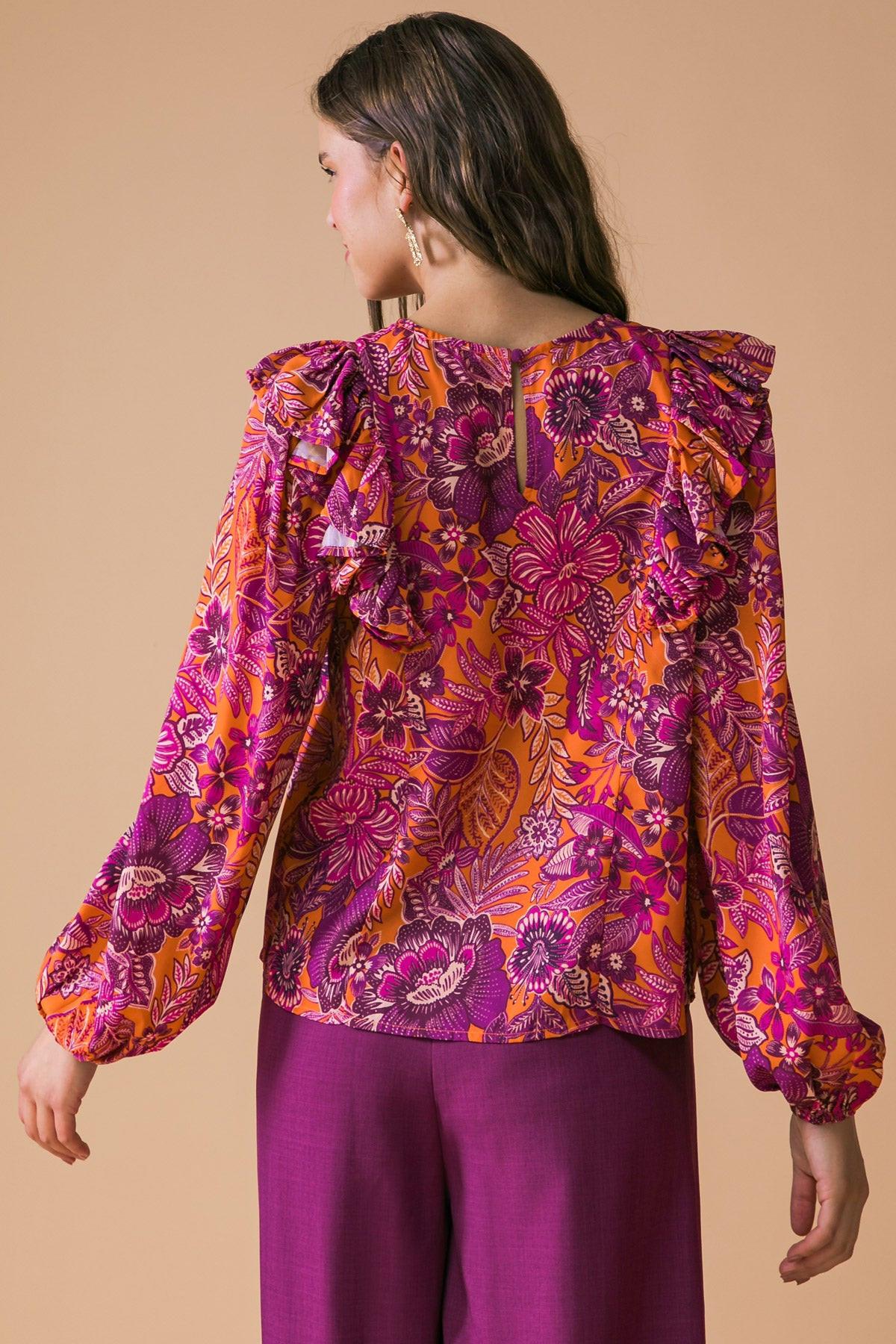 Ready For What's Next Printed Woven Top With Long Sleeve Neckline And Ruffle