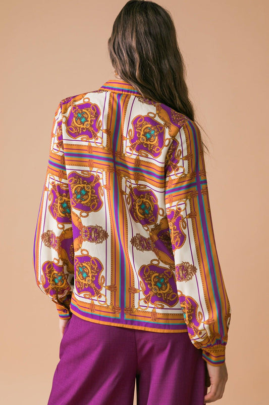 Make Today Great Printed Woven Top With Front Tie And Ruffled Neckline