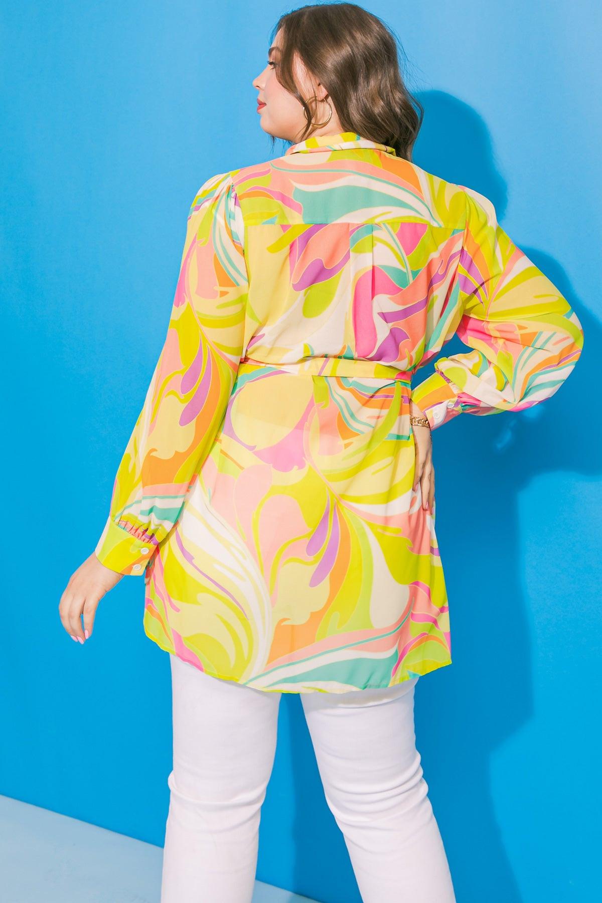 Magic Island Printed Woven Top With Shirt Collar And Button Down Front