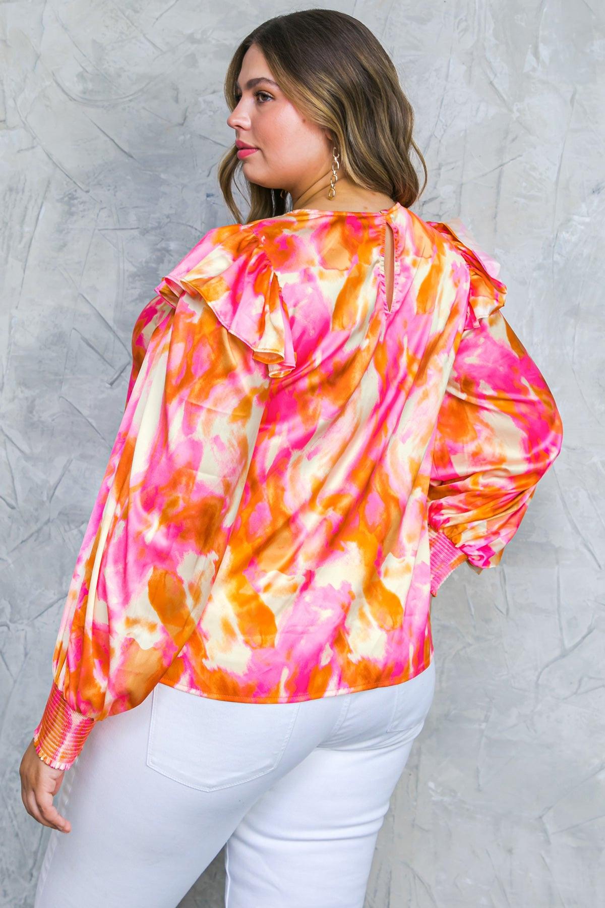 Feeling Spice Woven Top With Round Neckline And Ruffle Shoulder Detail