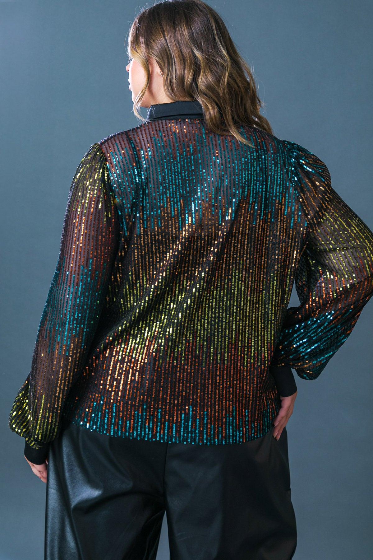 Cause a Commotion Sequin Blouse with Shirt Collar and Button Front