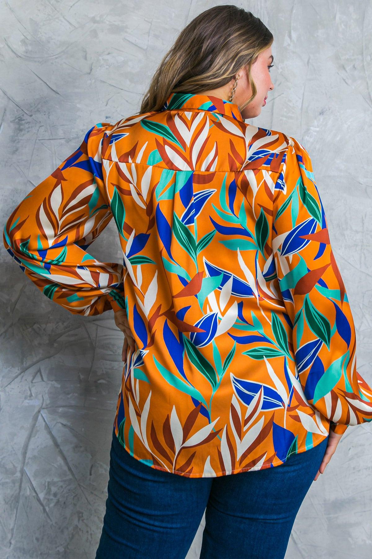 Feels Like Fall Woven Top Printed Button Down Collar Long Sleeves