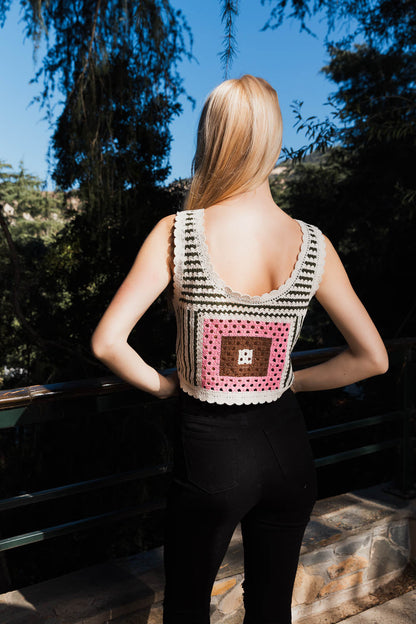 Leto Collection Bohemian Crochet Top featuring a colorful back design and a stylish fit