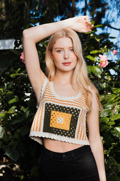 Leto Collection bohemian crochet top featuring colorful patterns and a trendy crop design