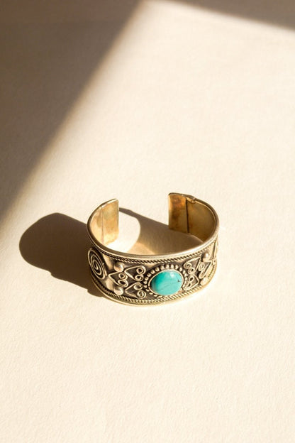Leto Collection bohemian turquoise stone bangle featuring vibrant turquoise beads and intricate design for boho jewelry style.